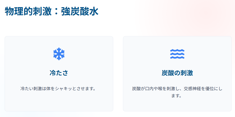 夜でも安心なノンカフェイン飲料 物理的刺激:強炭酸水