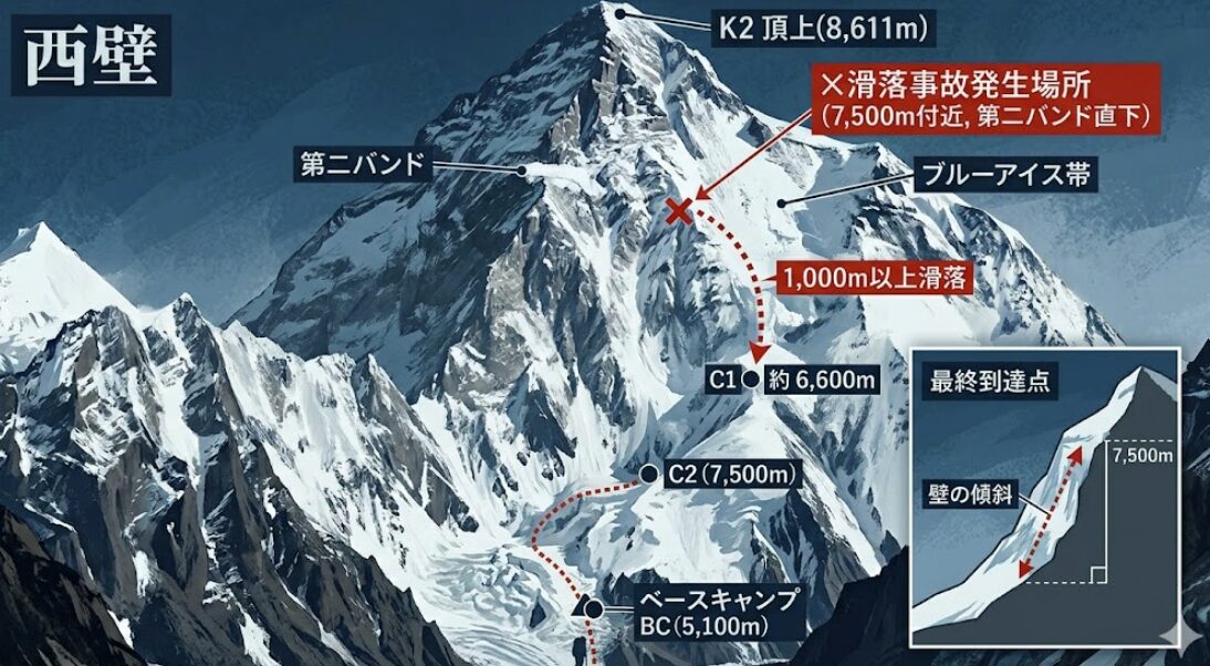 中島健郎の滑落場所はどこだった?K2西壁で事故の詳細2