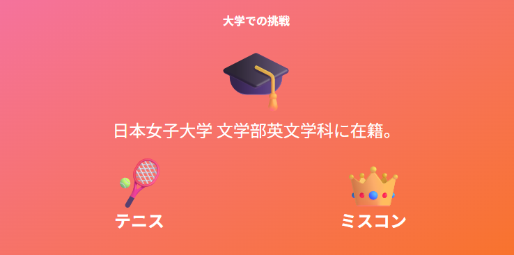 竹井愛乃 大学は日本女子大学でテニスとミスコンに打ち込み