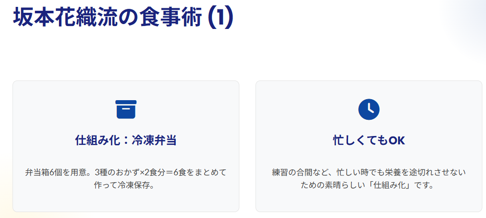 坂本花織流の食事術（冷凍弁当など）