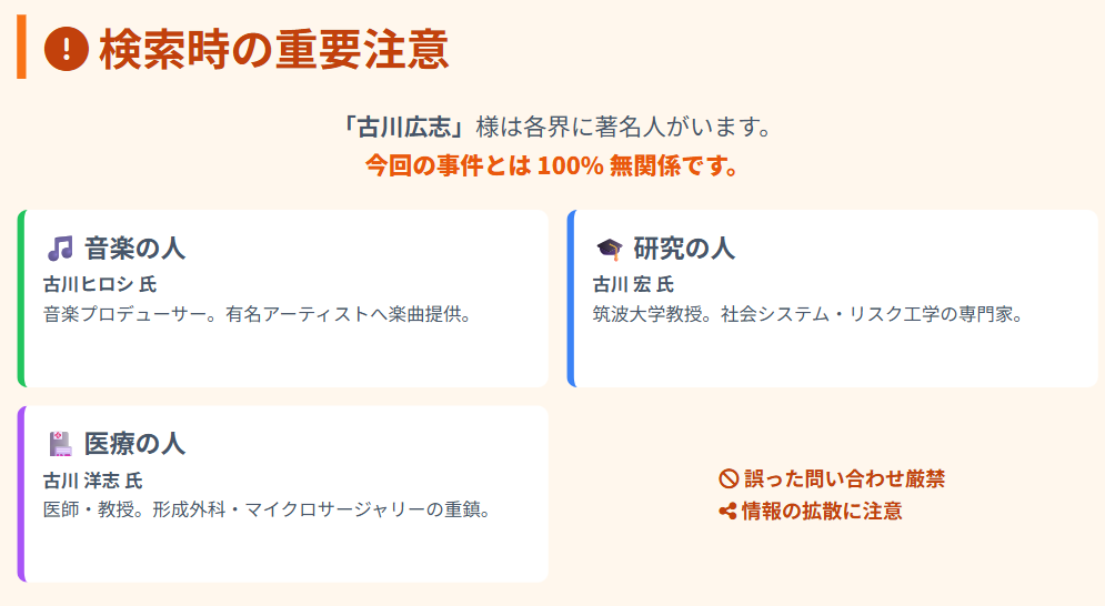 古川広志 同姓同名の音楽家や医師や研究者との区別