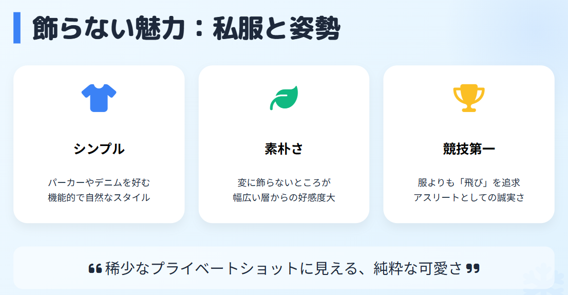 丸山希　競技以外で見せる私服姿はシンプルで自然