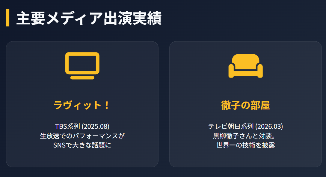 マジシャンIbuki　徹子の部屋やラヴィットへの出演