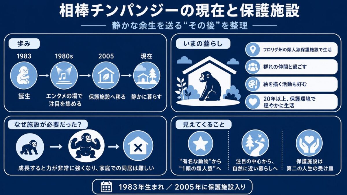 映画「マイケル」でのバブルスとのツイスターシーン　実際のバブルスの現在と保護施設