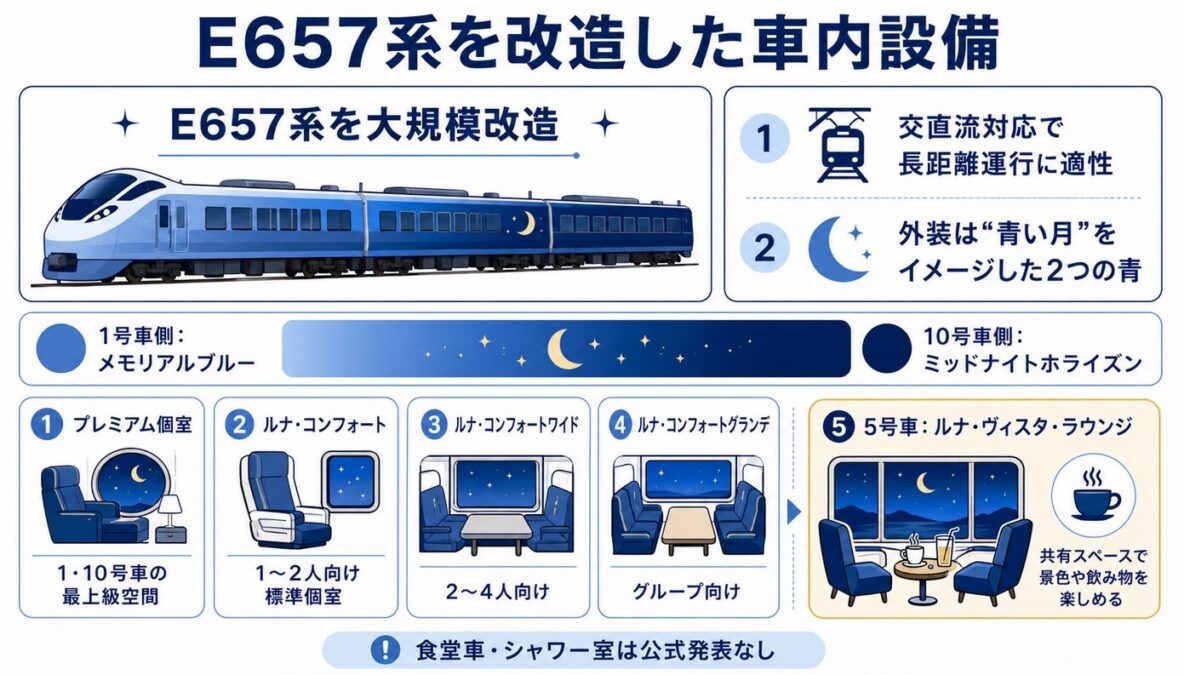 ルナアズール夜行列車の値段　E657系を改造した車内設備