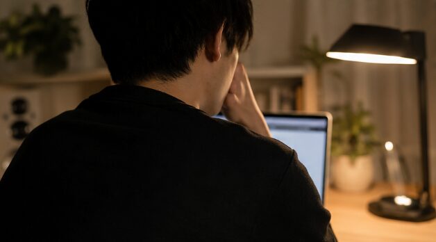 夜遅くまで仕事を続ける多忙な日本人男性の後ろ姿