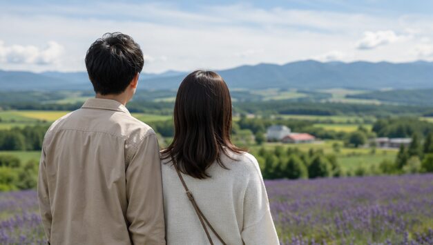 富良野のラベンダー畑と山並みを眺める日本人男女の後ろ姿