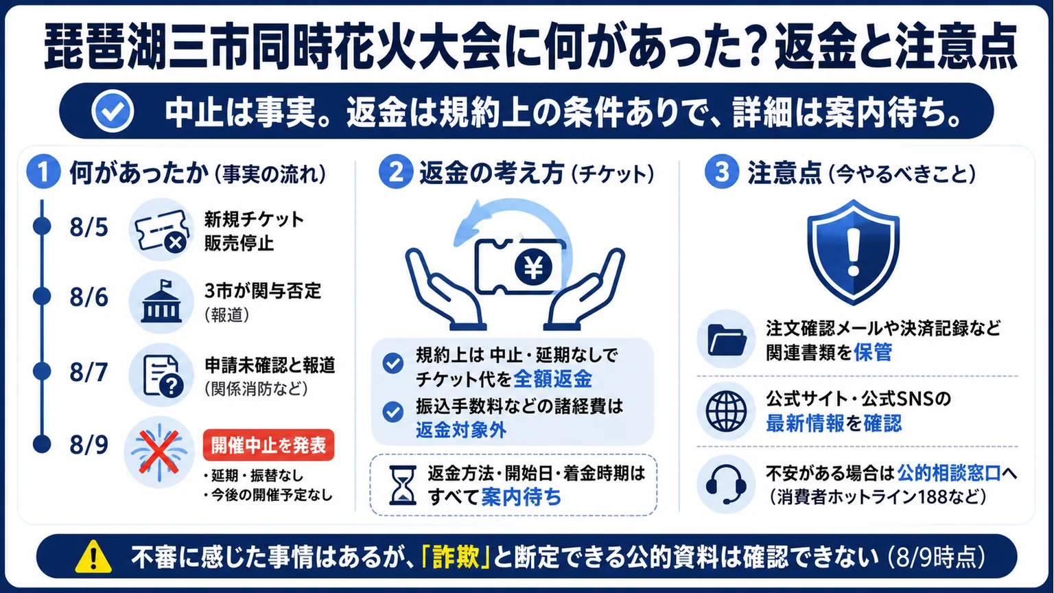 琵琶湖三市同時花火大会に何があった？返金と注意点