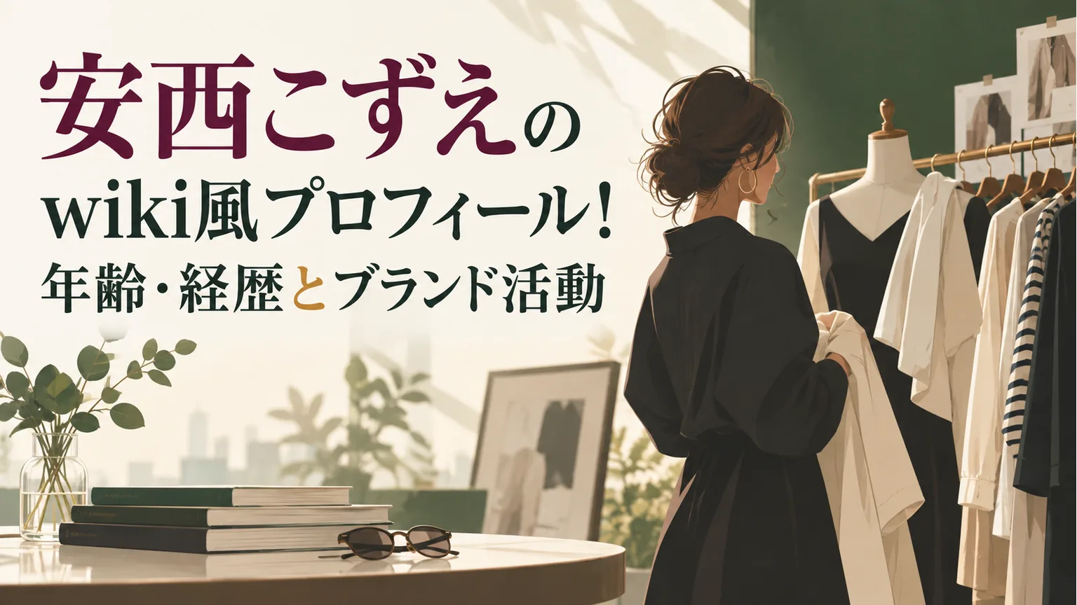 安西こずえのプロフィールと経歴を紹介するタイトルと衣服を選ぶ匿名の人物イラスト