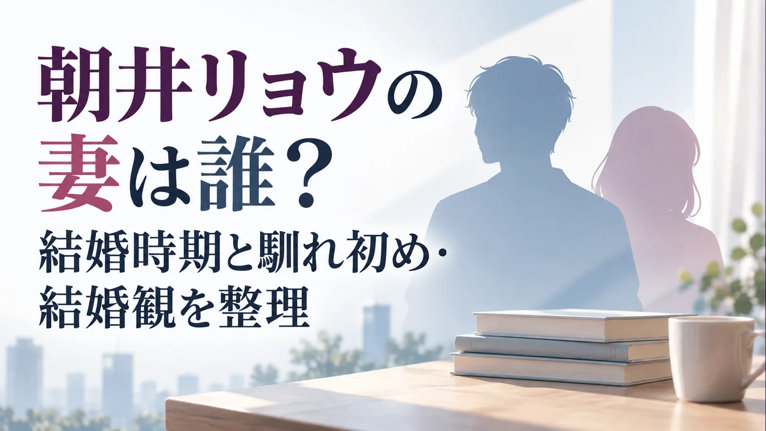 本とマグカップの奥に、顔の分からない二人のシルエットを描いた結婚のイメージ