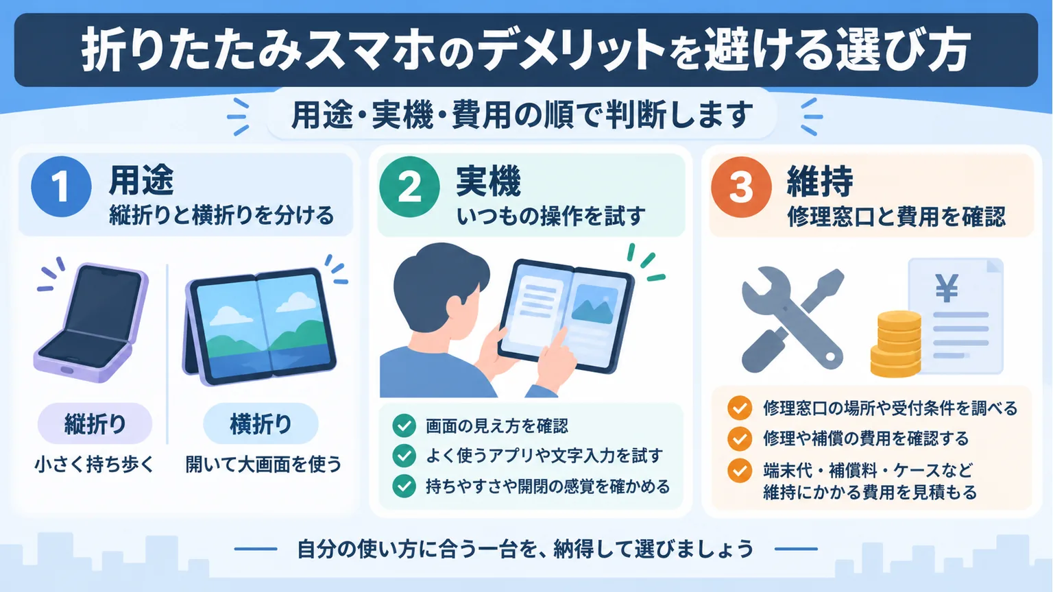 用途、実機確認、維持費の順で考える購入前チェックの図解