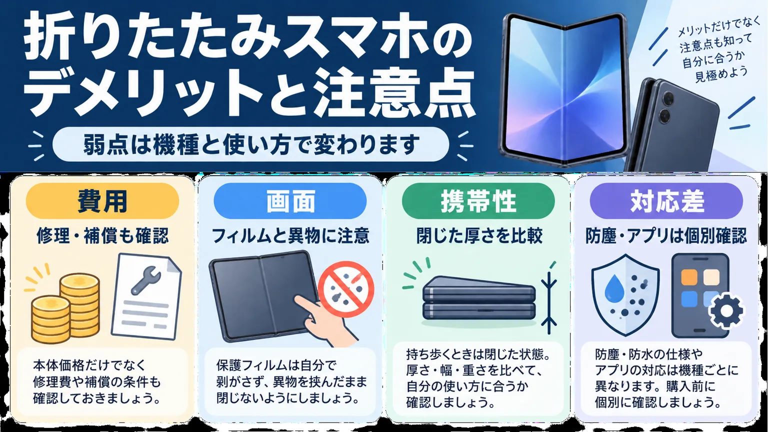費用、画面、携帯性、対応差の四つの注意点を整理した図解