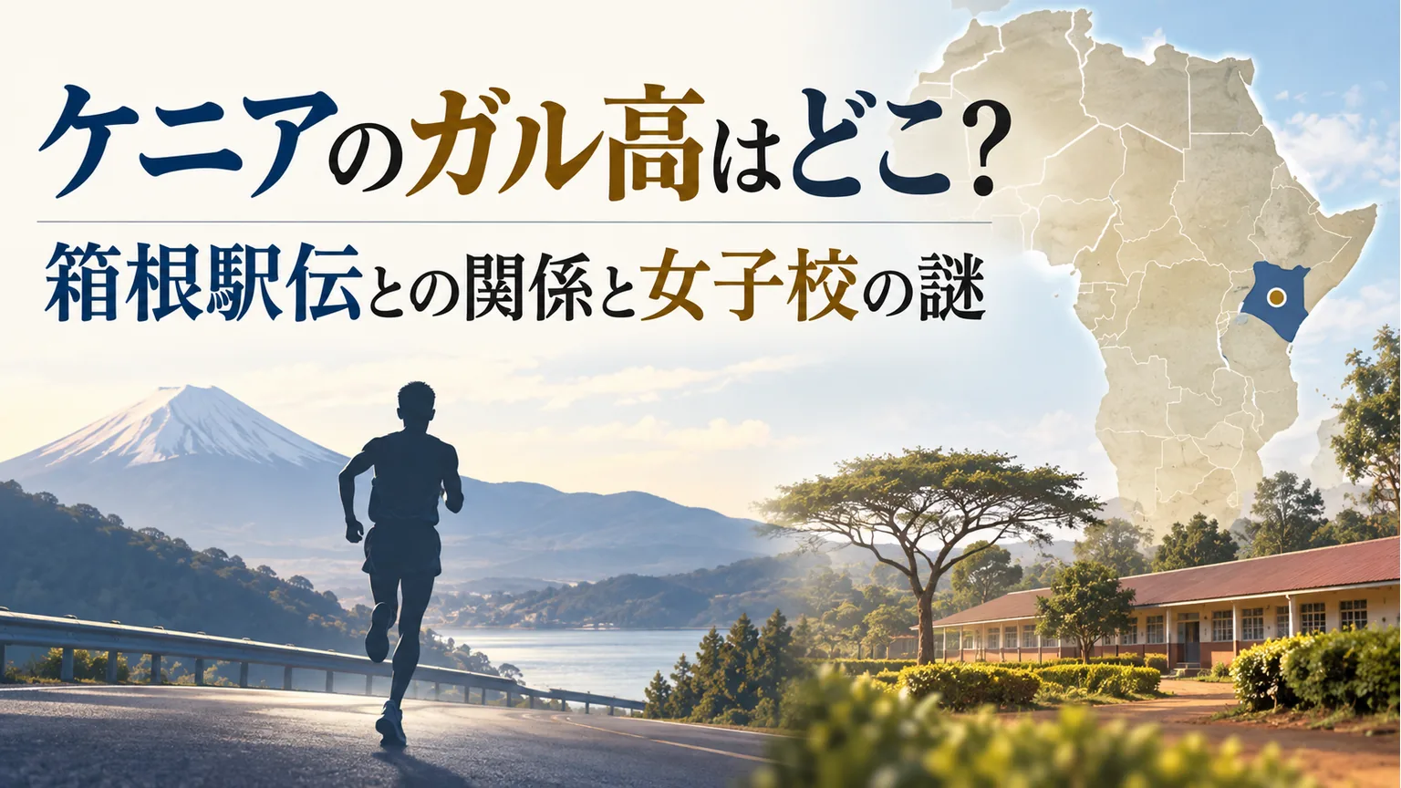 ケニアの地図と学校、匿名ランナーを配したガル高と箱根駅伝の記事イメージ