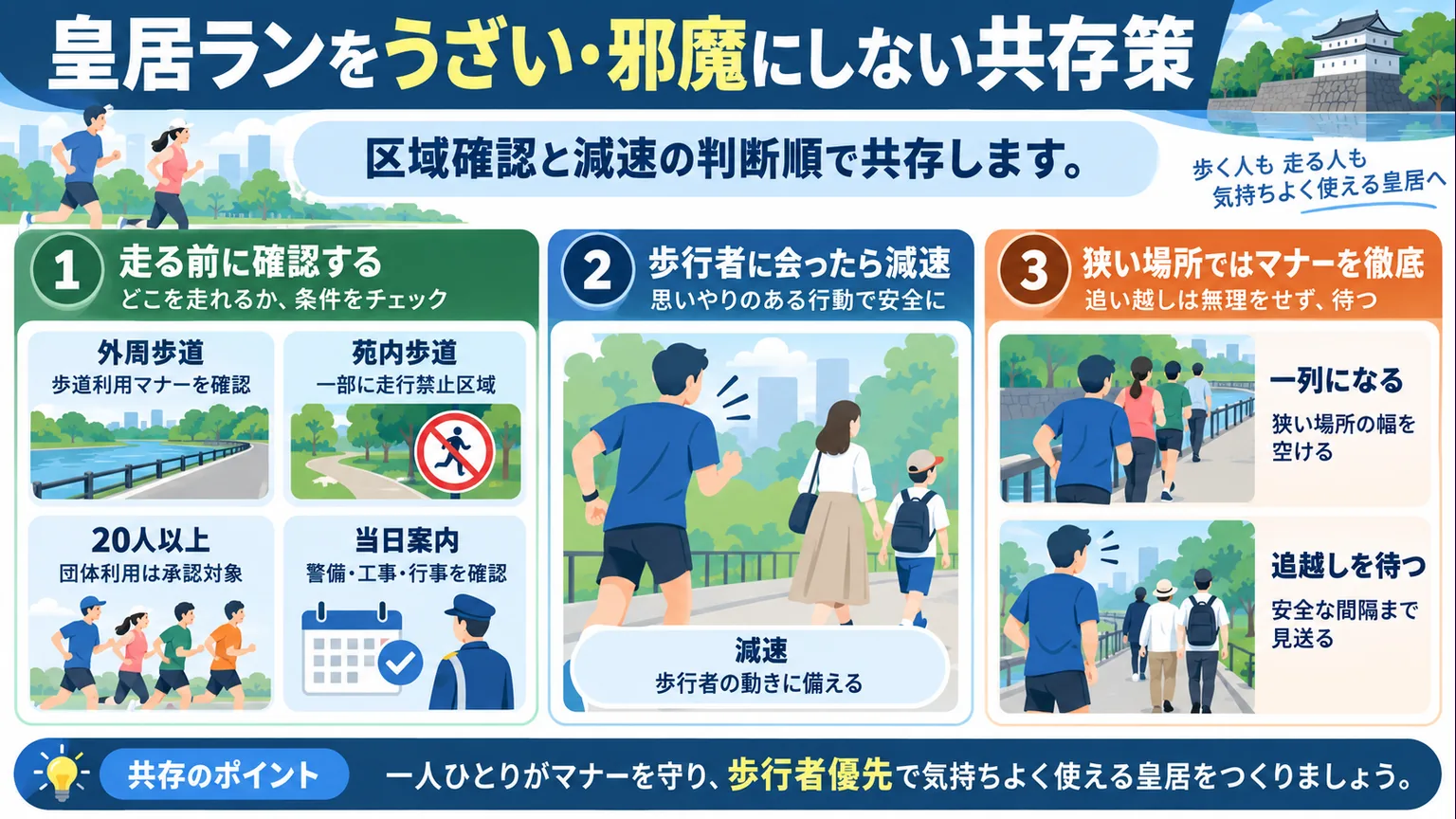 区域確認と歩行者優先の行動を整理した皇居ランの共存策