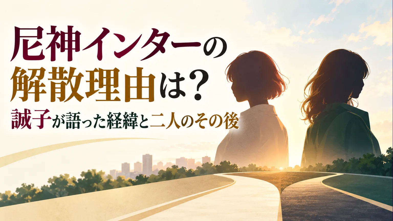 別々の方向を向く二人のシルエットと分岐する道に、尼神インターの解散経緯を紹介するタイトルを配した画像