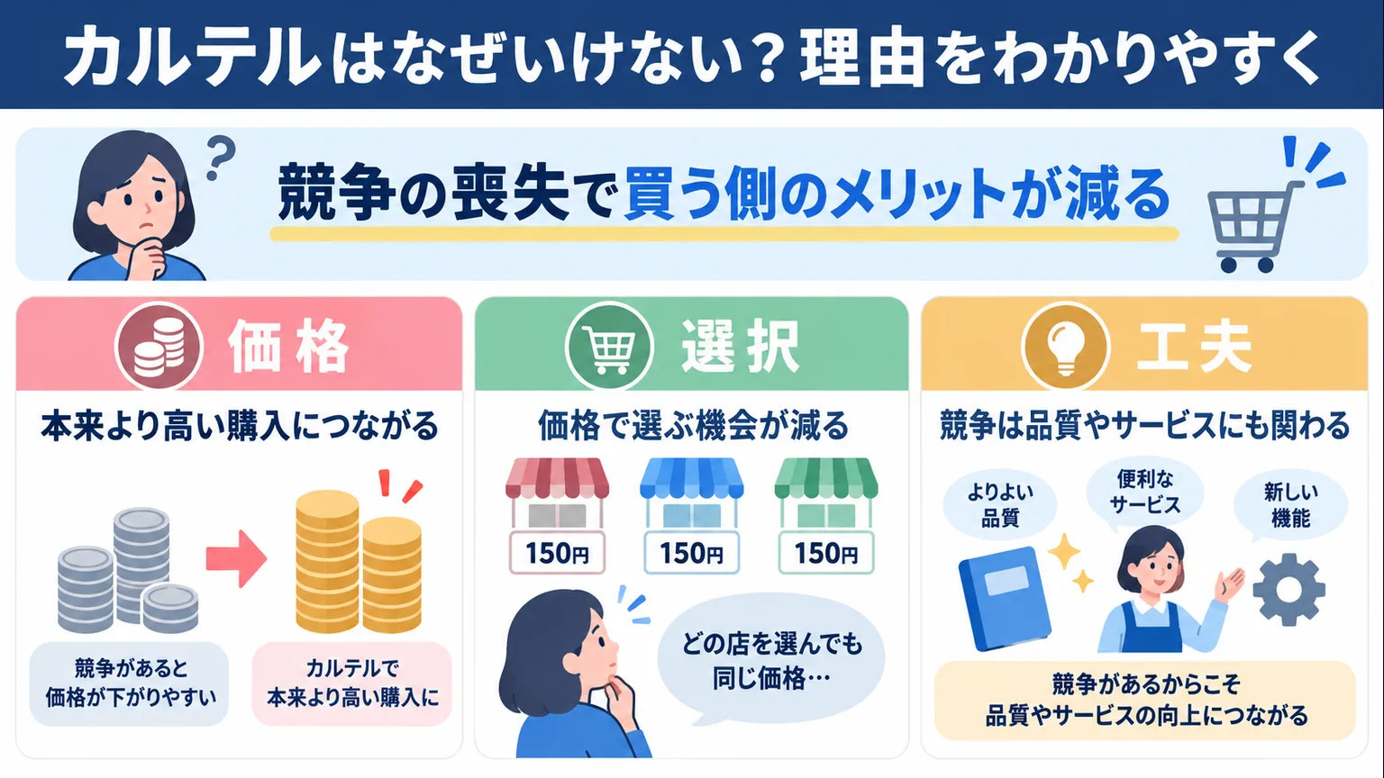 価格・選択・工夫への影響と、３店が同額になる架空の価格例の図解
