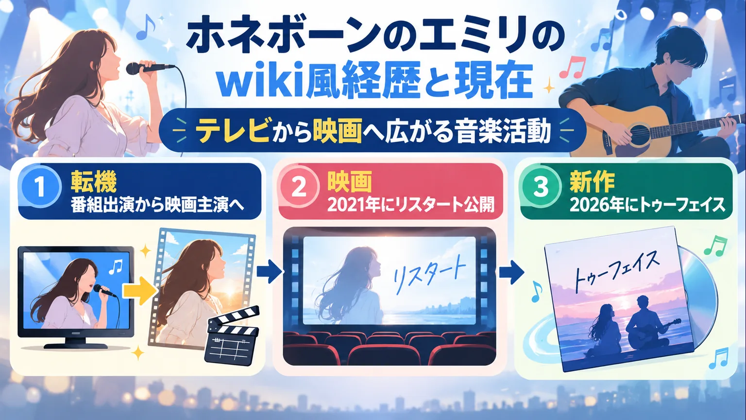 テレビ出演、映画リスタート、新作トゥーフェイスを象徴する経歴のイメージ図