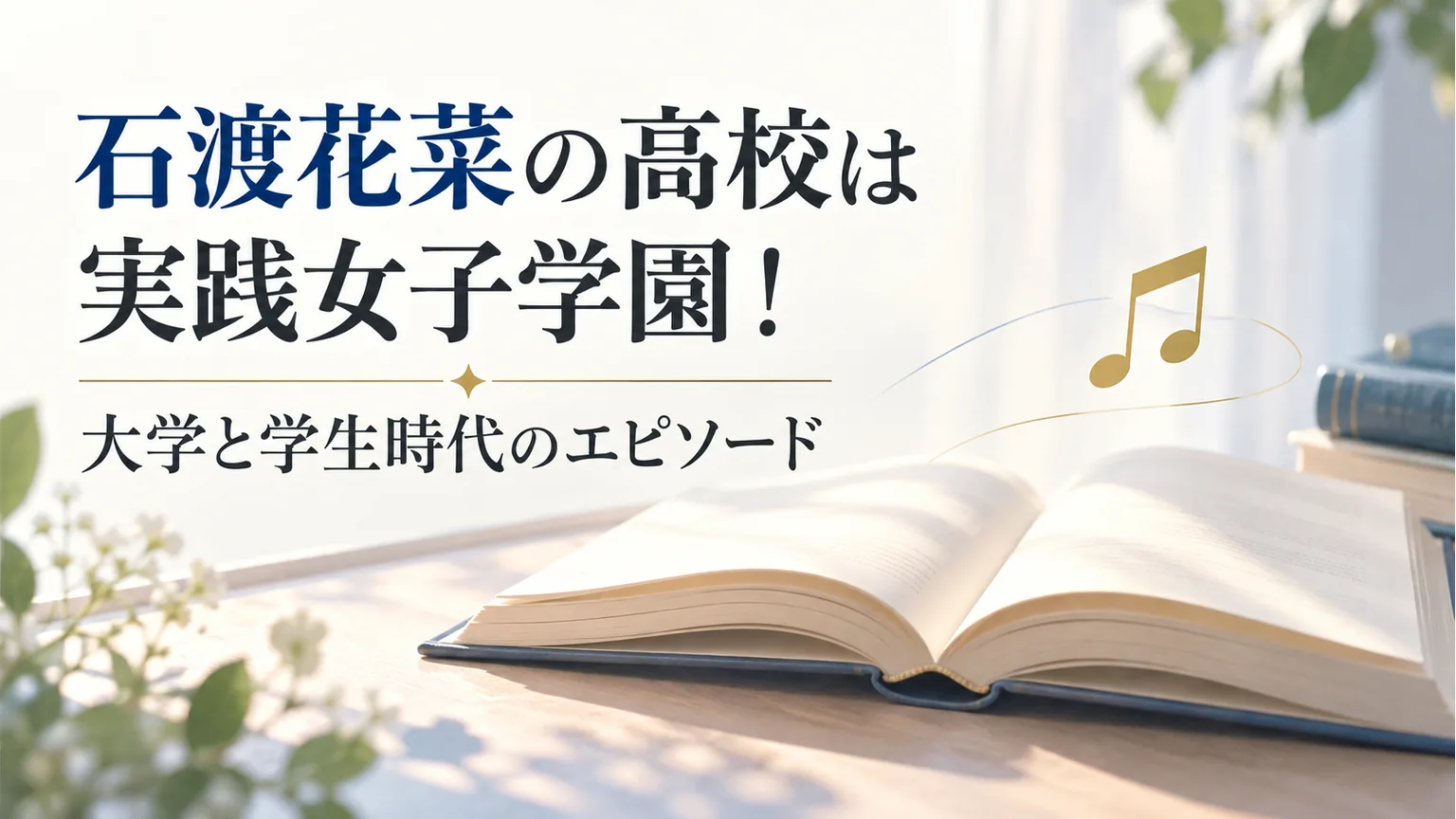 開いた本と音符に、石渡花菜の高校と学生時代を紹介する記事タイトルを添えた画像