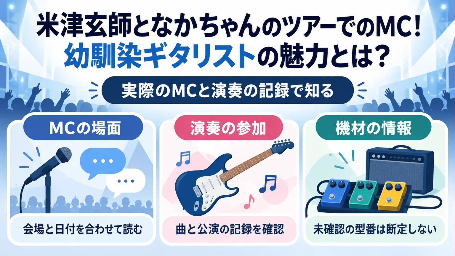 MCの公演記録、曲ごとの演奏参加、未確認の機材情報を分ける説明図