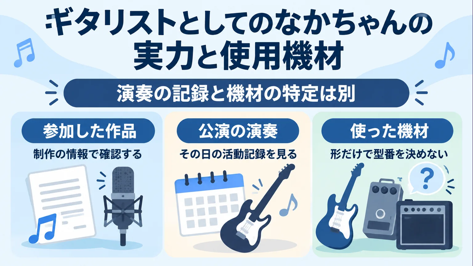 作品参加と公演の記録を確かめ、外観だけで使用機材の型番を決めない説明図