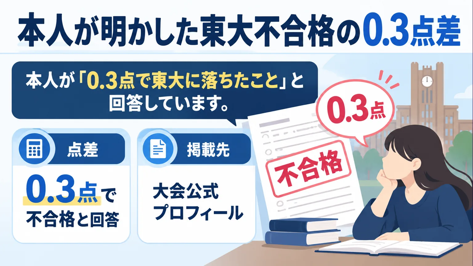 大会公式プロフィールで本人が明かした0.3点差の不合格を示す図