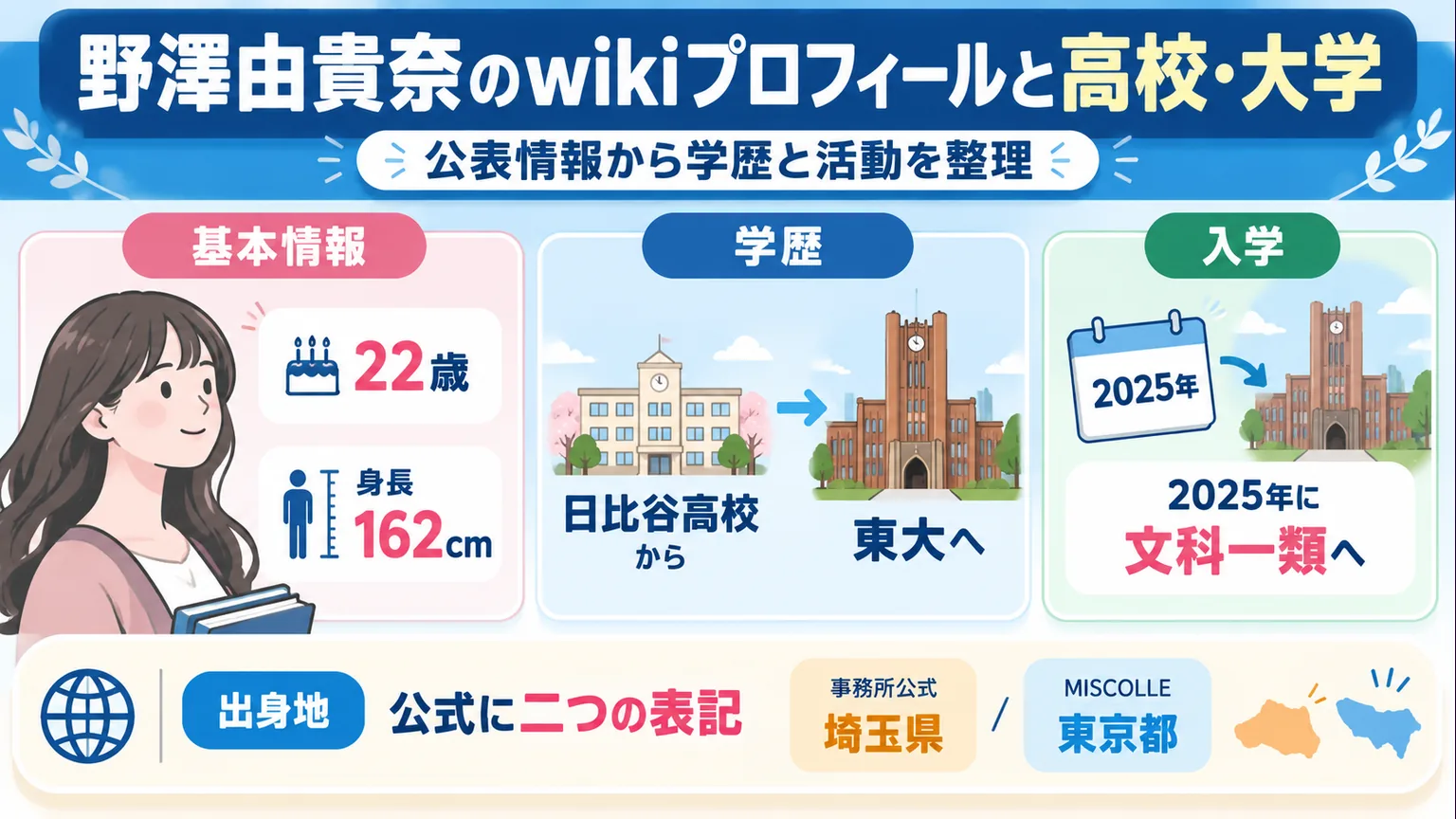 野澤由貴奈の年齢・身長と日比谷高校から東京大学への学歴をまとめた図解