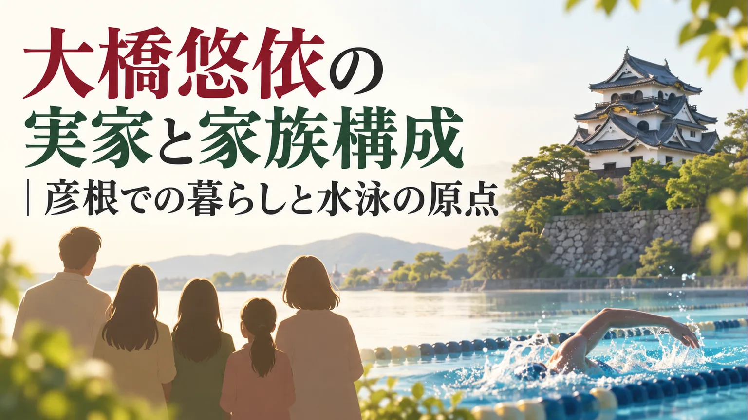 城、顔の見えない5人、泳ぐ腕で家族と水泳の原点を表したイラスト