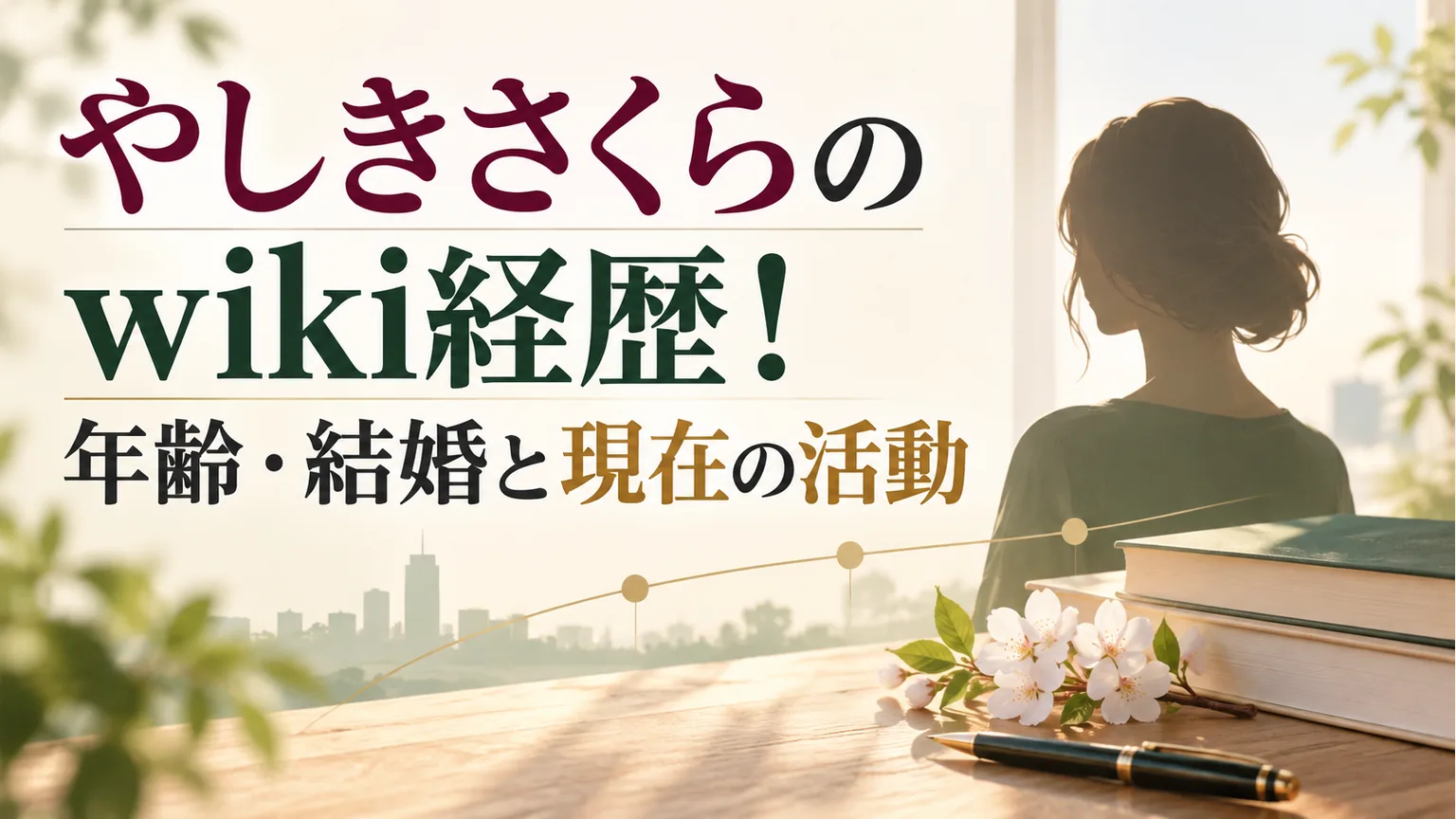 経歴紹介のタイトルと、顔が見えない人物、本やペンを描いたイラスト