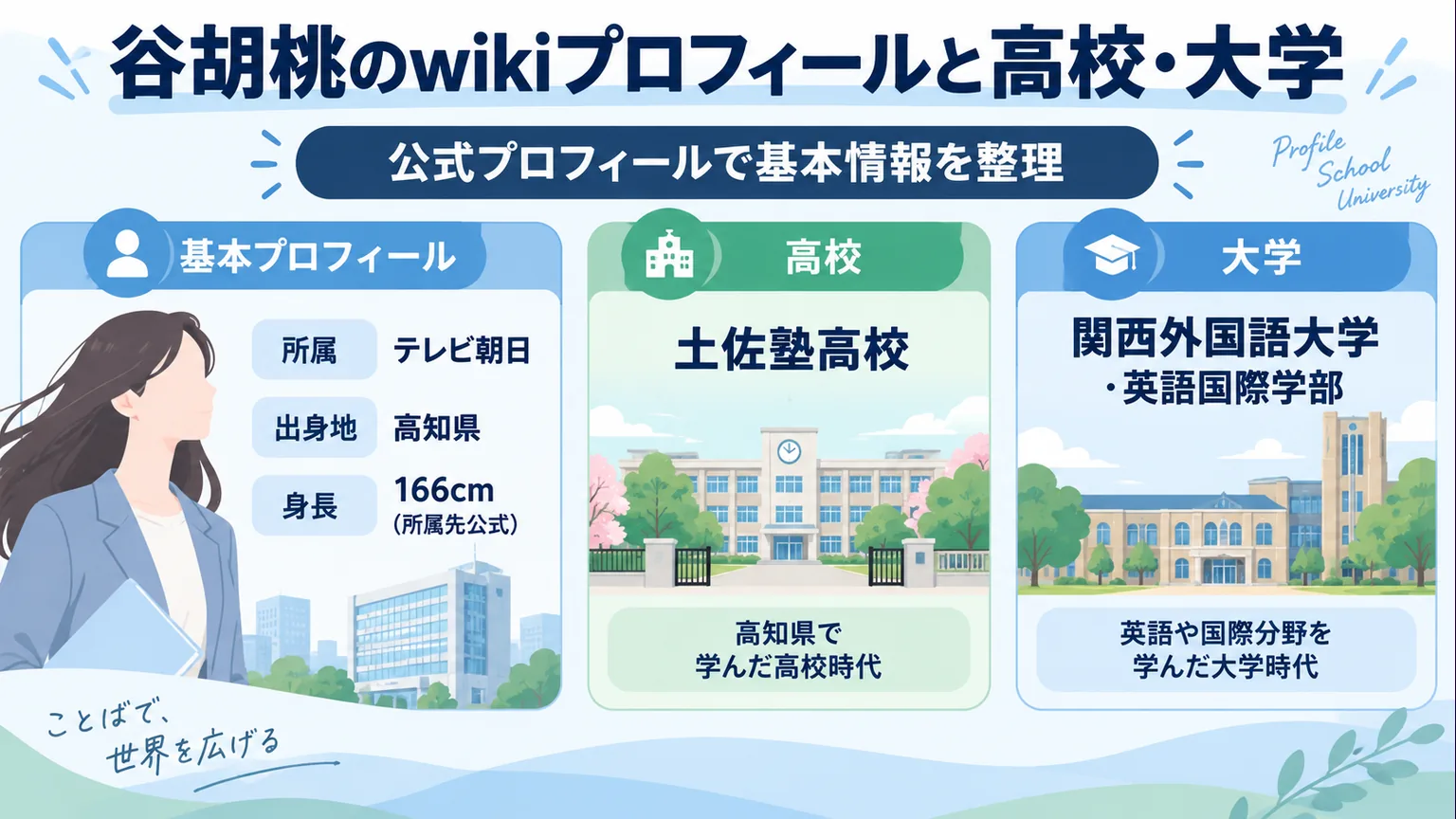 高知県出身、土佐塾高校、関西外国語大学英語国際学部を示すプロフィール図
